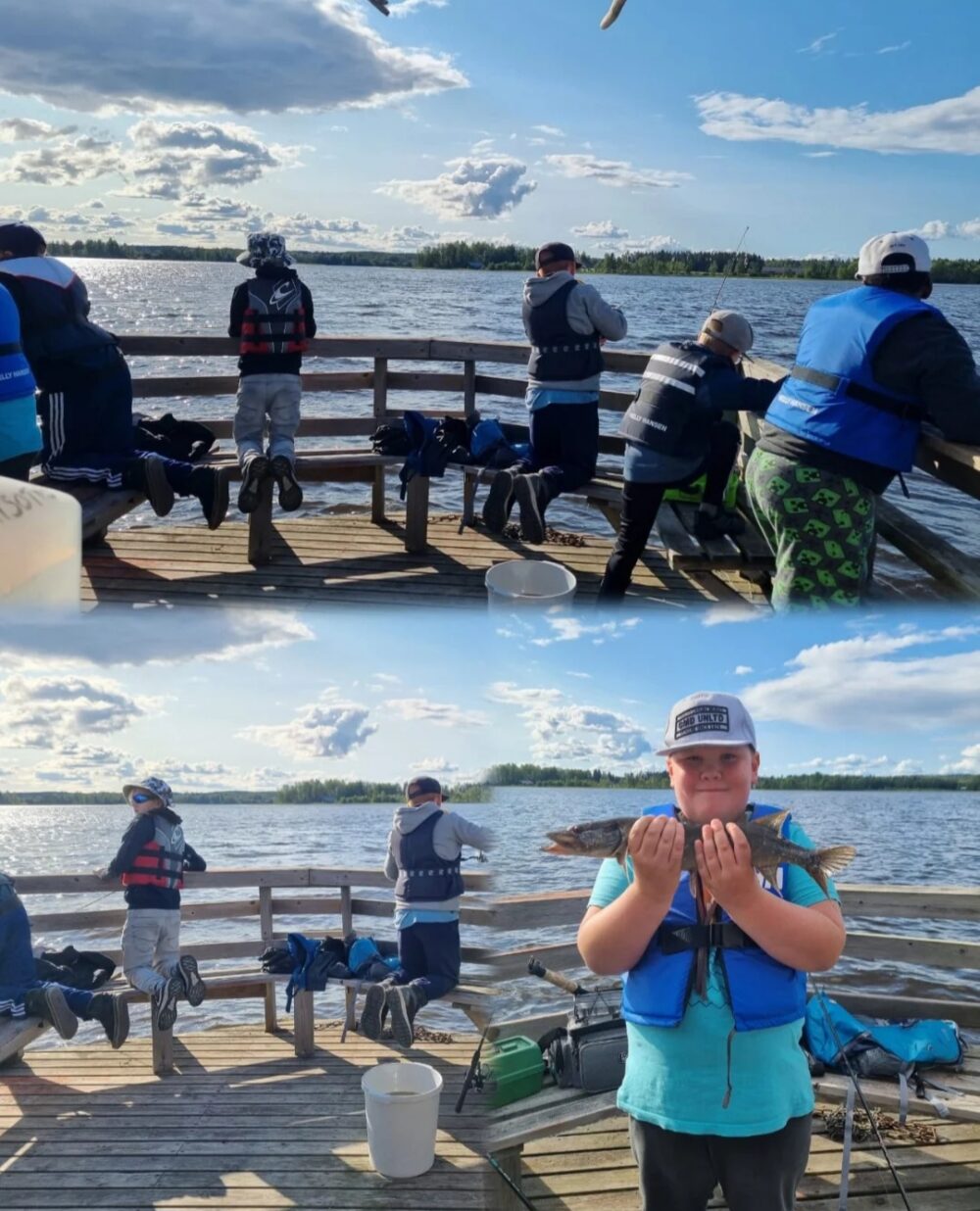 Kuvakollaasi kerholaisista kalastamassa kesäisessä säässä.