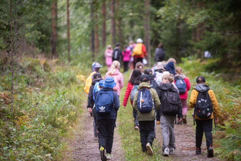 Joukko koululaisia kävelee metsäpolulla.