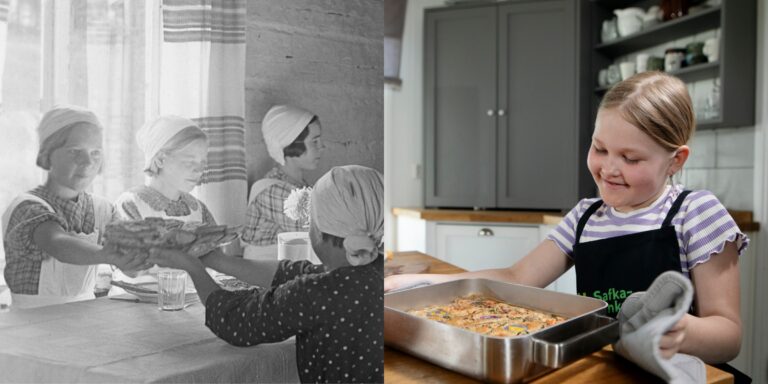 Rinnakkain vanha kuva jossa lapsia ruokapöydän ääressä ja 2020-luvun kuva, jossa tyttö nostaa leivoksen pöydälle.